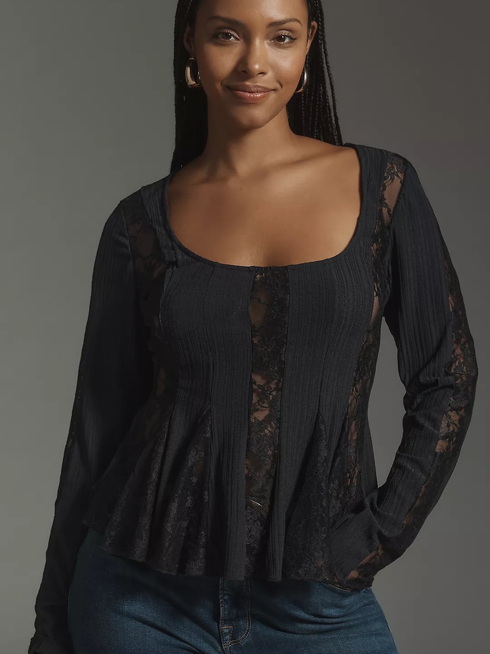 By Anthropologie Long-Sleeve Lace Peplum Top - Large
